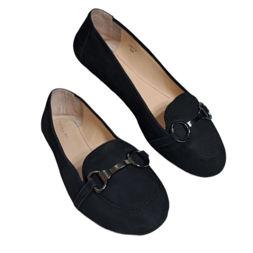 Tahari Women's Flats Suede Black Gracie Buckle Accent 7 1/2 M